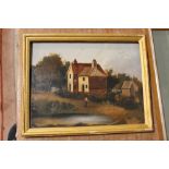 A SMALL 19TH CENTURY TYPE OIL ON BOARD PANEL OF A COTTAGE BY A POND INITIALED W.M 1871 VERSO