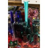 A TRAY OF ASSORTED COLOURED GLASSWARE ETC