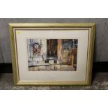 A FRAMED AND GLAZED WATERCOLOUR OF 'INSIDE THE FRARI - VENICE ' BY TREVOUR WAUGH DETAILED AND SIGNED