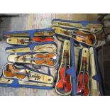 SIX ASSORTED VIOLINS IN BLUE CARRY CASES