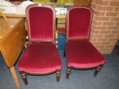 A PAIR OF VICTORIAN MAHOGANY UPHOLSTERED DINING CHAIRS