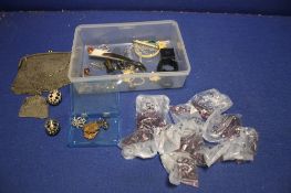 A BOX OF COLLECTABLES TO INCLUDE PURSES JEWELLERY ETC
