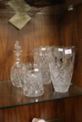 TWO LARGE CUT GLASS VASES A JUG AND A DECANTER