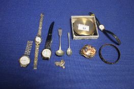 A TIN OF ASSORTED WATCHES A COMPACT ETC