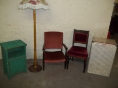 5 ITEMS TO INCLUDE WICKER LINEN BOX, BEDSIDE CABINET 2 CHAIRS AND A STANDARD LAMP