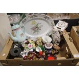 A BOX OF ORNAMENTS AND CERAMICS