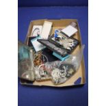 A BOX OF COSTUME JEWELLERY AND COLLECTABLES