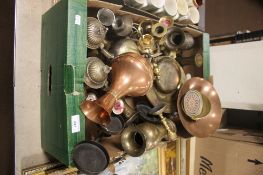 A BOX OF METALWARE TO INCLUDE CANDLESTICKS ETC
