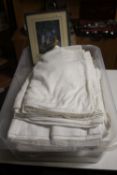 A BOX OF VINTAGE LINEN TOGETHER WITH A MARGARET TARRANT PRINT