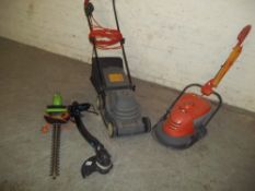 AN ELECTRIC FLYMO AND A BLACK AND DECKER ELECTRIC MOWER , A HEDGE TRIMMER AND A STRIMMER