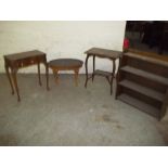 FOUR ITEMS TO INCLUDE TWO OCCASIONAL TABLES A SIDE TABLE AND A BOOKCASE