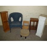 6 ITEMS TO INCLUDE CD RACKS AN OCCASIONAL SIDE TABLE AND A WICKER CHAIR ETC