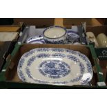 TWO TRAYS OF BLUE AND WHITE CERAMICS TO INCLUDE A MEAT PLATE