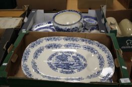 TWO TRAYS OF BLUE AND WHITE CERAMICS TO INCLUDE A MEAT PLATE