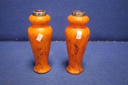 A PAIR OF ANTIQUE SILVER TOPPED ART GLASS VASES