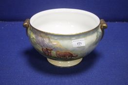 A HAMD PAINTED BOWL WITH CATTLE SIGNED F CLARKE