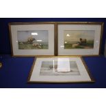 A PAIR OF WATERLCOLOURS OF SDHEEP SIGNED WAINEWRIGHT 1841 TOGETHER WITH A SIMILAR UNSIGNED EXAMPLE