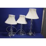 THREE GLASS TABLE LAMPS AND SHADES