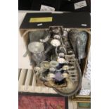 A BOXED OF ASSORTED METAL WARE TO INCLUDE PEWTER