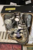 A BOXED OF ASSORTED METAL WARE TO INCLUDE PEWTER