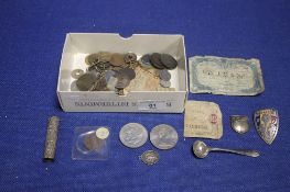 A BOX OF COINS AND COLLECTABLES