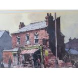 GEORGE BUSBY (1926-2005). A street scene with figures 'Shop. Stoney Lane' see verso, signed and