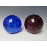 TWO LARGE COLOURED GLASS WITCHES BALL / BUBBLE INCLUSION PAPERWEIGHTS, approx Dia 15 cm