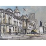 GEORGE BUSBY (1926-2005). A street scene with bus and figures, 'Council House, Victoria Square', see