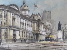 GEORGE BUSBY (1926-2005). A street scene with bus and figures, 'Council House, Victoria Square', see