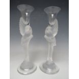 A PAIR OF IGOR CARL FABERGE OPALESCENT AND CLEAR GLASS CANDLESTICKS, late 20th century, the