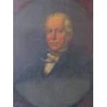 A 19TH CENTURY OVAL PORTRAIT STUDY OF A GENTLEMAN, unsigned, oil on canvas, unframed, 76 x 63 cm