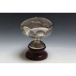 A VERY ORNATE INDIAN WHITE METAL ROSE BOWL ON STAND, with engraving 'With Best Wishes from Executive