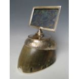 AN EARLY 20TH CENTURY WHITE METAL EQUESTRIAN HOOF PHOTOGRAPH FRAME, the mount engraved 'Safety