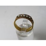 A VICTORIAN 15CT GOLD, SEED PEARL AND ENAMEL MOURNING RING, with alternating woven hair and engraved