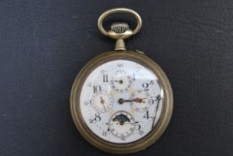 A LARGE WHITE METAL CALENDAR POCKET WATCH, with four subsidiary dials, one being a moon roller, in