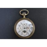 A LARGE WHITE METAL CALENDAR POCKET WATCH, with four subsidiary dials, one being a moon roller, in