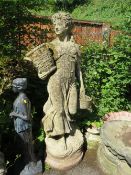 A LARGE 20TH CENTURY STONE FEMALE GARDEN STATUE, with an urn in one hand and a basket of fruit in