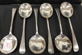 A SET OF SIX HALLMARKED SILVER SOUP SPOONS BY DAVID LANDSBOROUGH FULLERTON - LONDON 1931, approx
