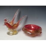 A MURANO FIGURAL GROUP OF TWO BIRDS ON A BRANCH, with gold leaf inclusions and bubble effect to