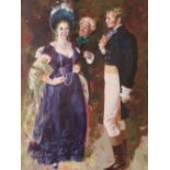 (XIX). British school, an elegant young lady being attended by two gentlemen in Regency dress,