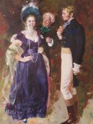 (XIX). British school, an elegant young lady being attended by two gentlemen in Regency dress,