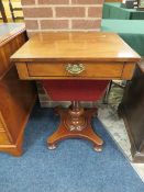 A VICTORIAN MAHOGANY WORK TABLE, having single frieze drawer with pull-out sewing box below,