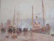 HECTOR CAFFIERI (1847-1932) Unloading the catch at Boulogne harbour, signed lower right,