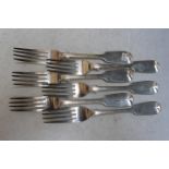 A SET OF SIX HALLMARKED SILVER FIDDLE PATTERN FORKS BY WILLIAM RAWLINGS SOBEY - EXETER 1848,