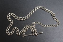 A HALLMARKED SILVER ALBERT CHAIN AND T BAR, approx weight 23.2g, L 39.5 cm