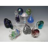 A COLLECTION OF GLASS PAPERWEIGHTS AND STUDIO GLASS FIGURES, to include three figures of elephants