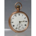 A 9CT GOLD CASED POCKET WATCH, the enamel dial having Roman numerals, outer minute markers and