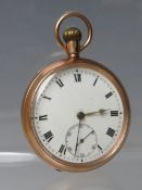 A 9CT GOLD CASED POCKET WATCH, the enamel dial having Roman numerals, outer minute markers and