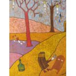 IBRAHAM A RODRIGUEZ (XX). Modernist wooded landscape with figures and a door, signed lower right,