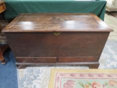 A 19TH CENTURY OAK MULE CHEST, the typical hinged lid bearing brass plaque 'William Powell